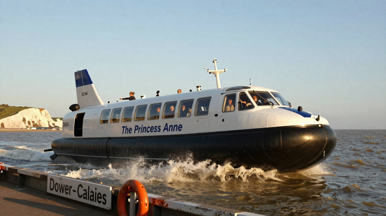 Hovercraft "The Princess Anne" navegando próximo ao cais em Dower-Calais ao pôr do sol.