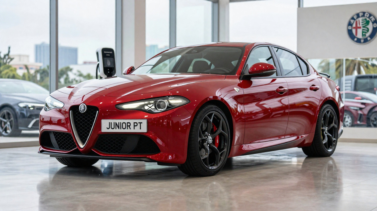 Carro esportivo Alfa Romeo vermelho estacionado em showroom com luz natural.