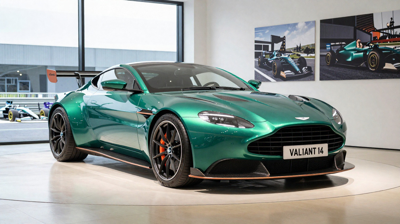 Carro esportivo verde metálico Aston Martin Valiant 14 exposto em ambiente interno com pinturas na parede.