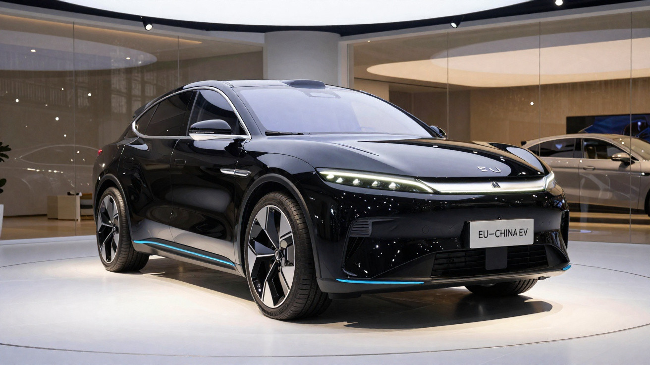 Carro elétrico preto EU-China EV em exposição, com design moderno e faróis estreitos acesos.