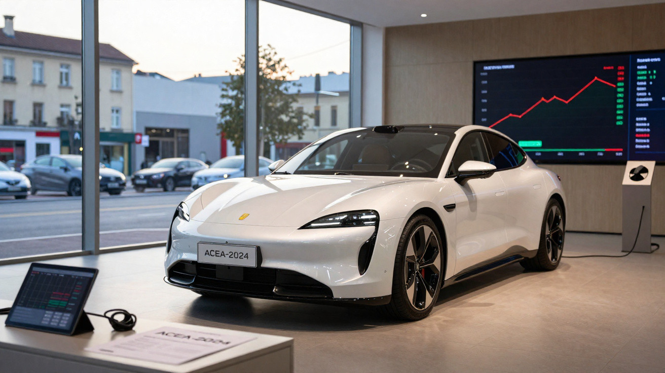 Carro elétrico branco Porsche ACEA-2024 exibido em showroom moderno com tela gráfica ao fundo.