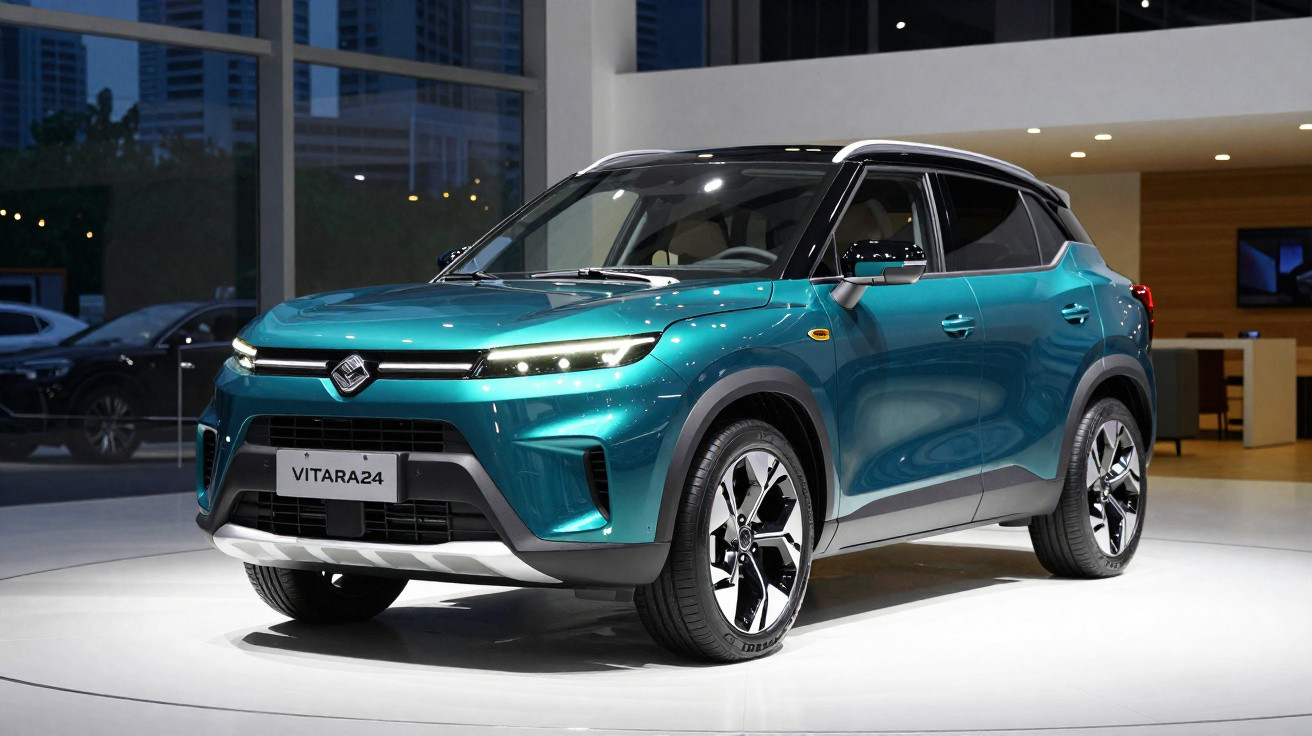 Carro SUV azul metálico Suzuki Vitara24 exposto em showroom moderno com rodas pretas e prata.