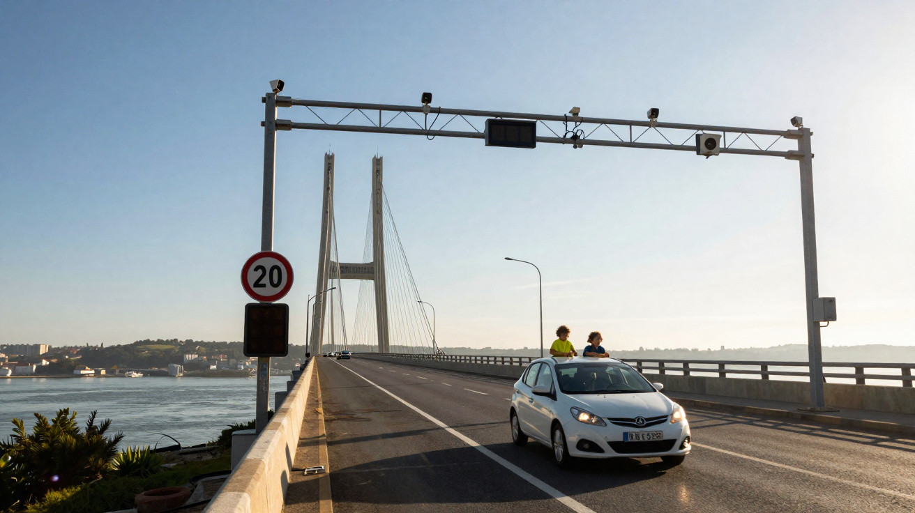 Carro branco com duas pessoas no teto em ponte suspensa sobre rio em dia ensolarado.