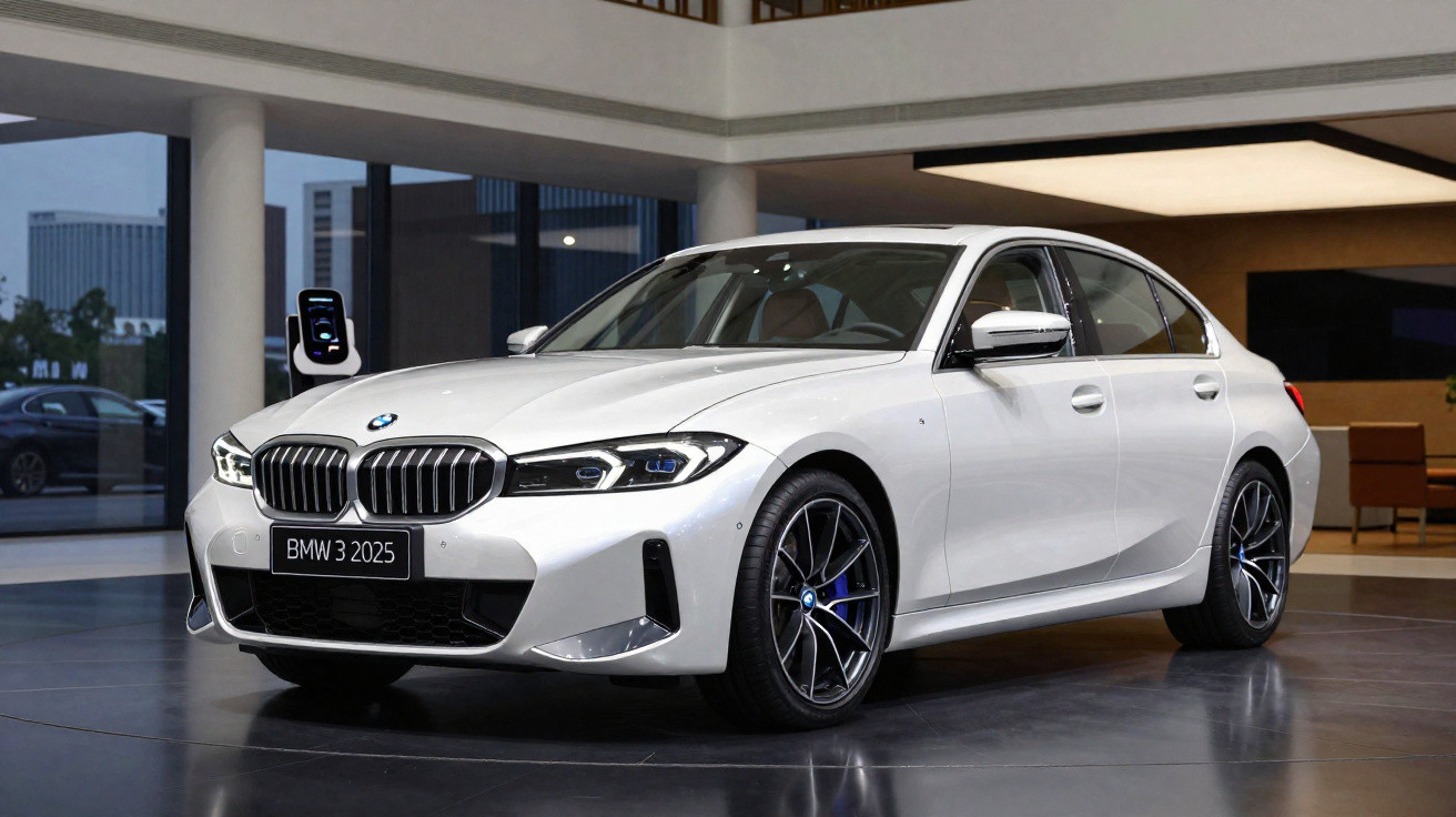 BMW 3 2025 branco estacionado em ambiente interno moderno com carregador de veículo elétrico ao fundo.