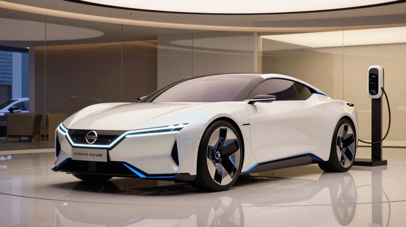Carro elétrico esportivo Nissan E-Future branco, carregando na estação em ambiente moderno e iluminado.
