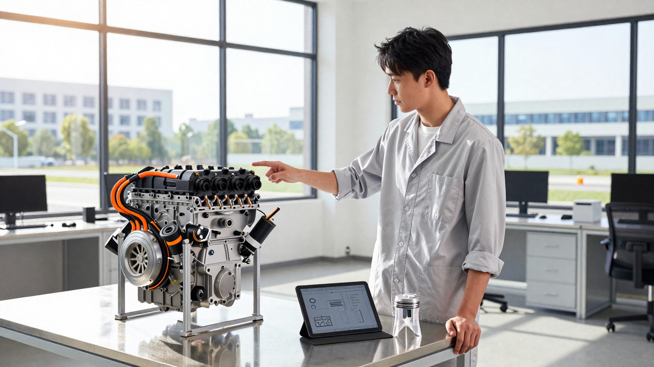 Homem analisando modelo de motor sobre mesa em laboratório moderno com tablet e copo de vidro.