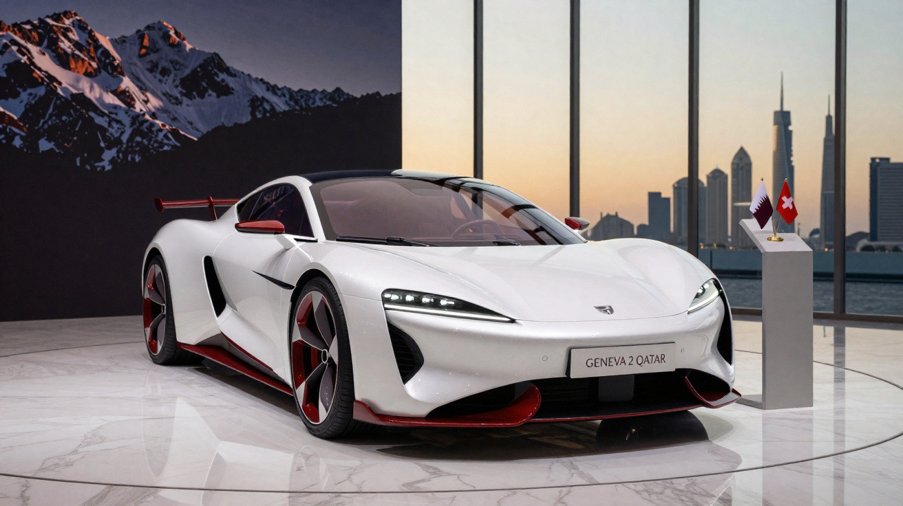 Carro esportivo branco e vermelho em exposição interna com fundo de montanhas e skyline ao entardecer.