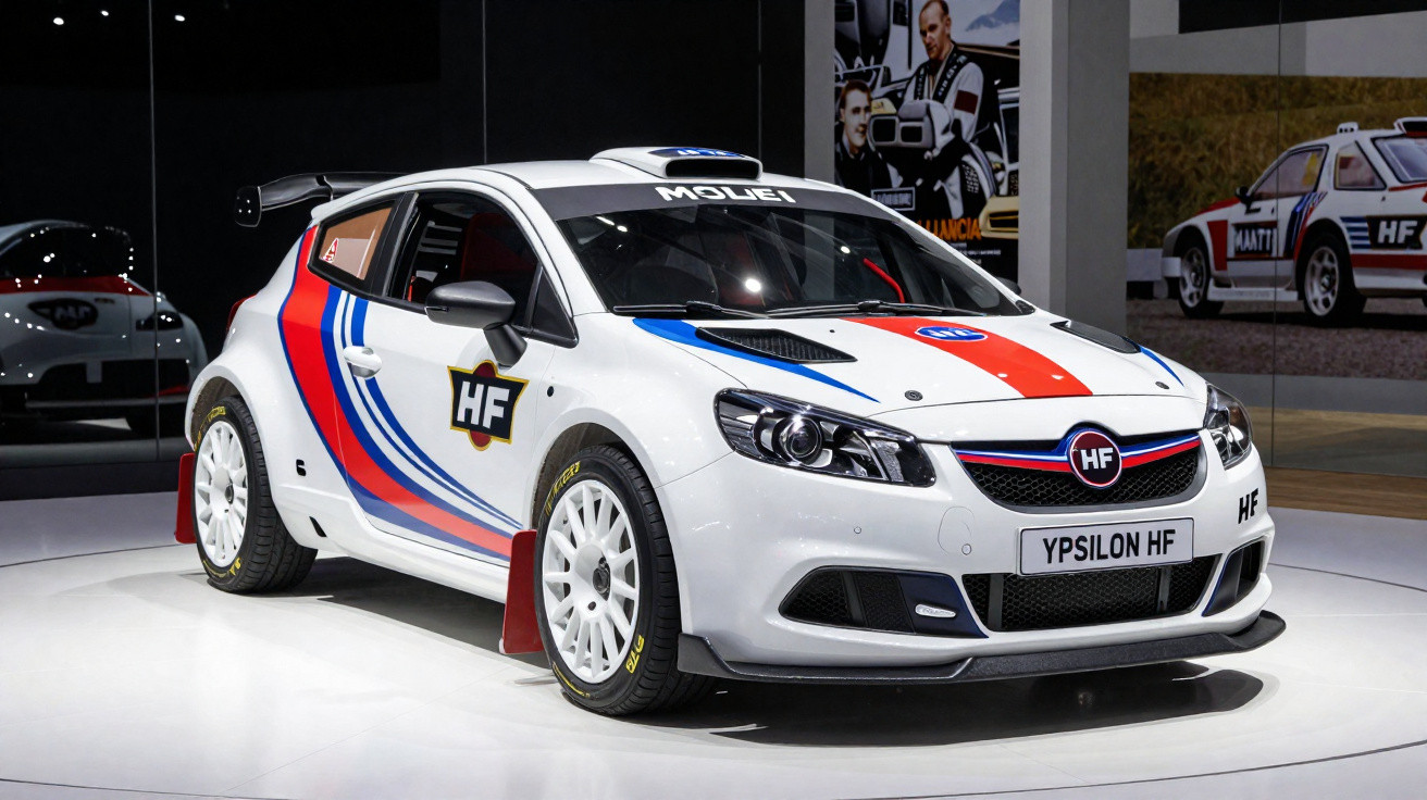 Carro de rally branco com detalhes em azul e vermelho, estampas HF, exposto em salão de automóveis.