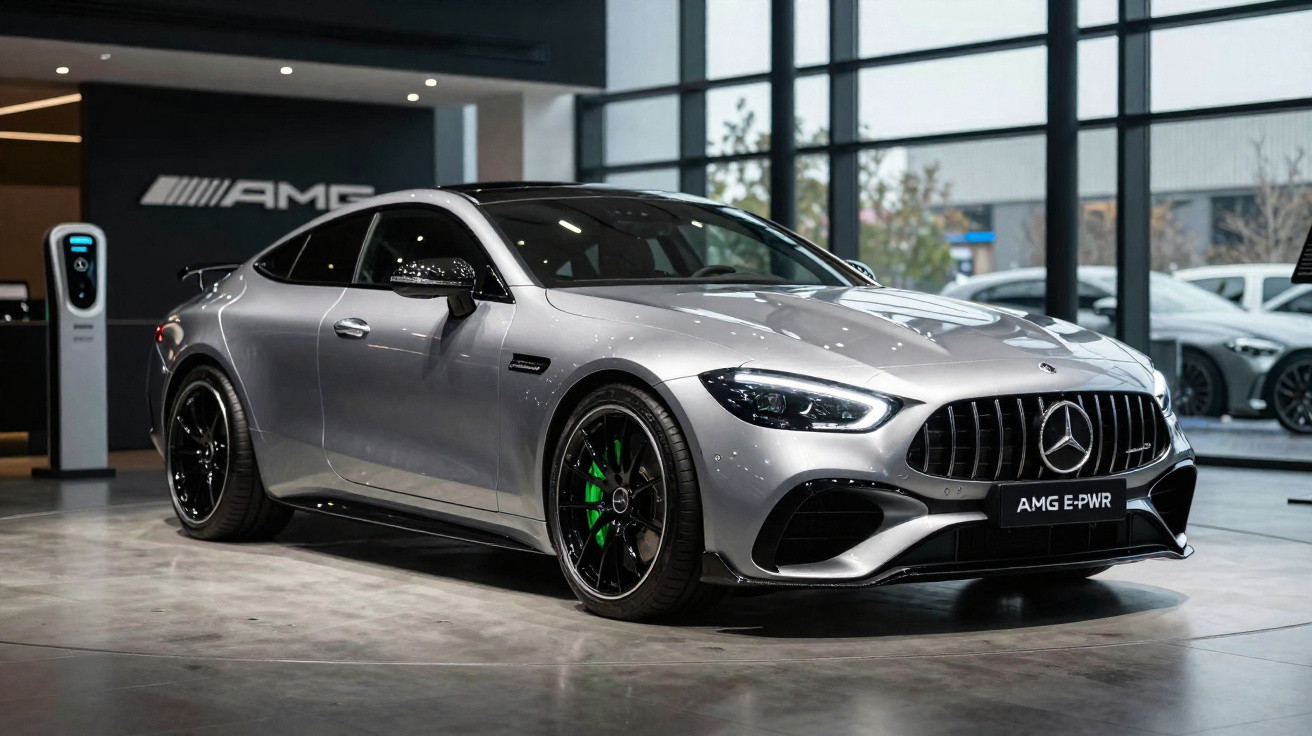 Carro esportivo Mercedes-Benz AMG prata estacionado em showroom moderno com janelas de vidro grandes.