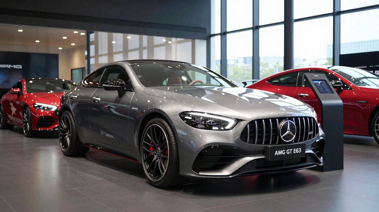 Mercedes AMG GT E63 cinza em showroom com outros carros vermelhos ao fundo.