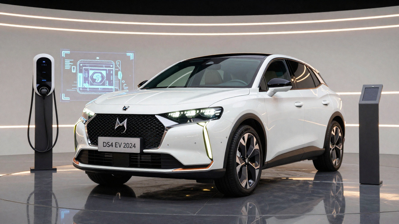 Carro elétrico branco DS4 EV 2024 estacionado perto de carregador em ambiente moderno e iluminado.