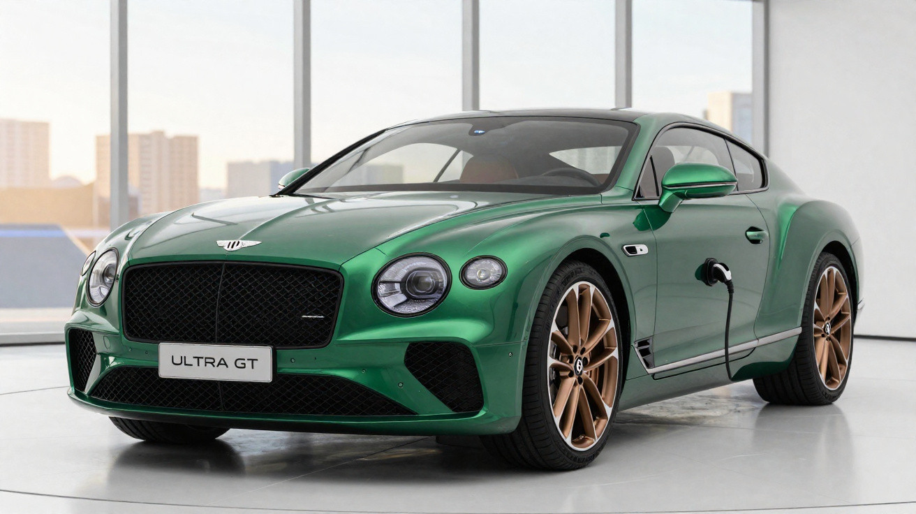 Carro esportivo elétrico verde Bentley Ultra GT carregando conectado em ambiente interno moderno.