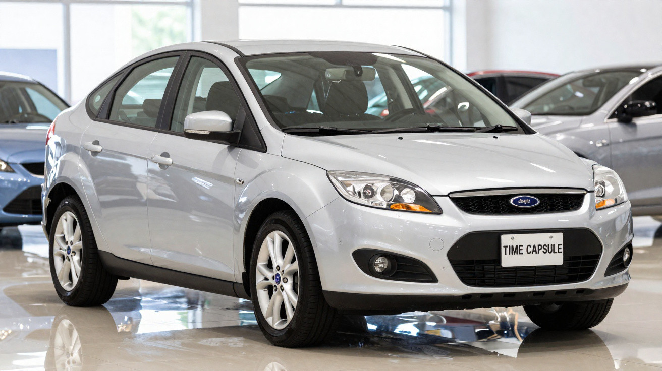 Carro sedan prateado estacionado em ambiente interno, com placas personalizadas escrito Time Capsule.