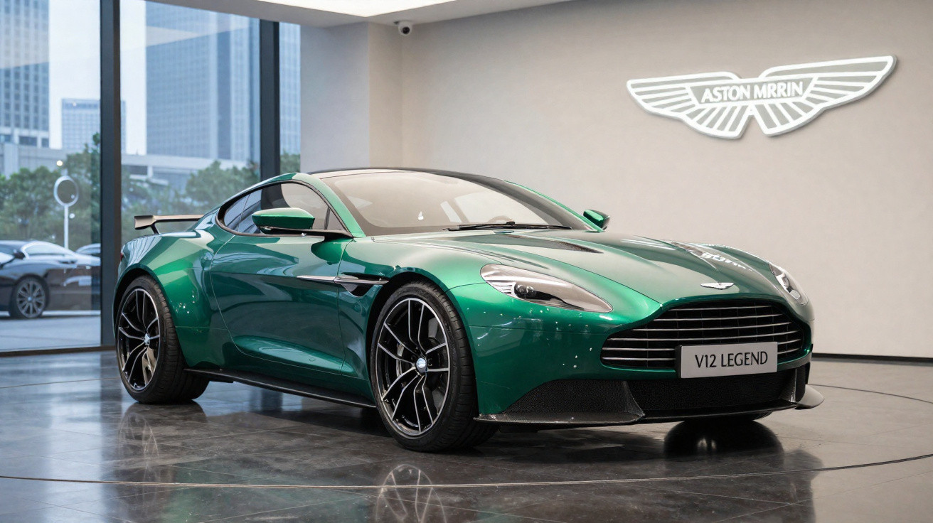 Carro esportivo verde Aston Martin V12 Legend exibido em showroom moderno.