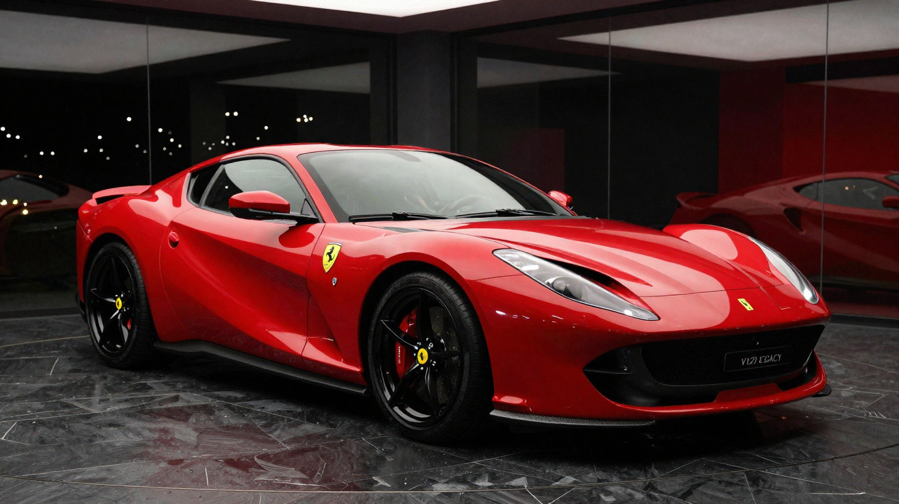 Carro esportivo vermelho Ferrari estacionado em piso escuro com paredes espelhadas ao fundo.