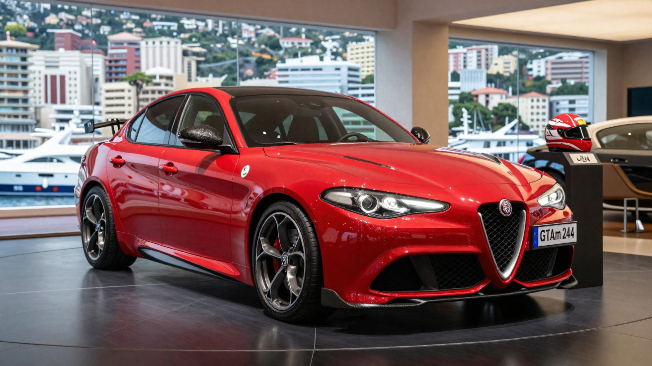 Carro esportivo Alfa Romeo Giulia vermelho exibido em showroom com capacete ao fundo e vista urbana pelas janelas.