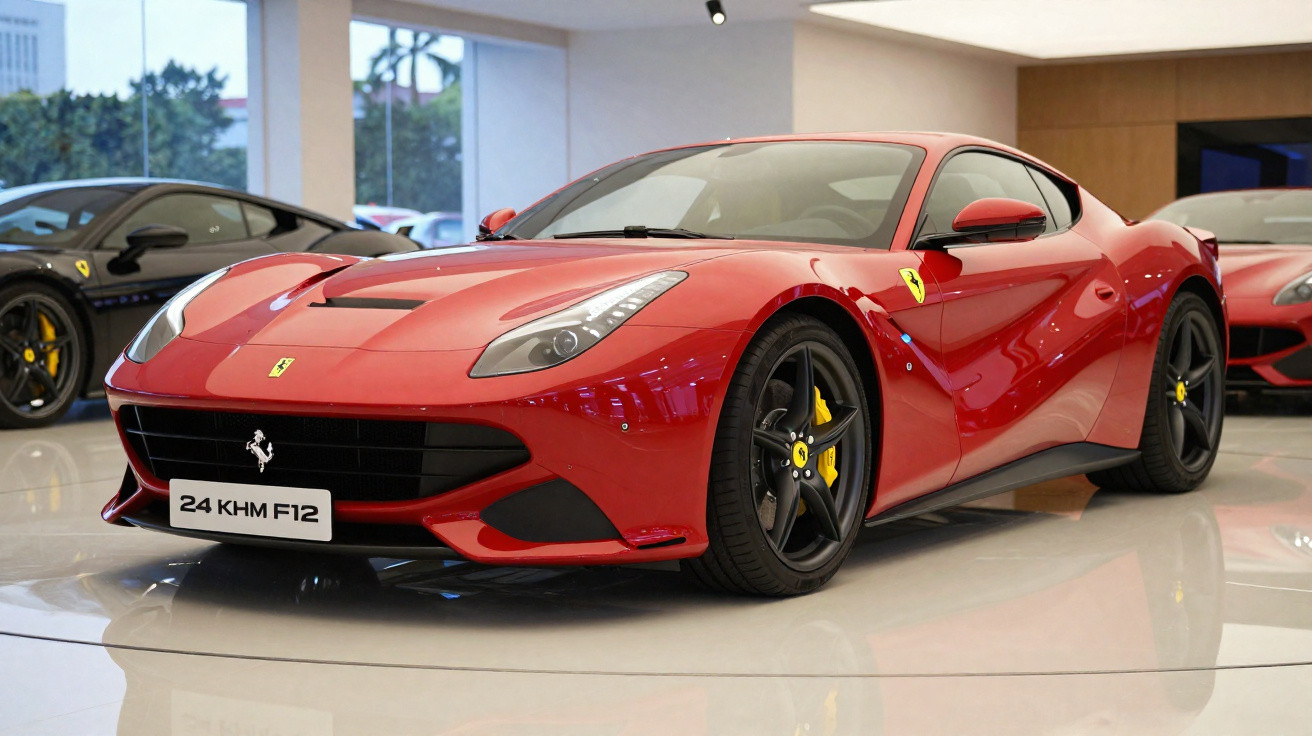 Carro esportivo vermelho Ferrari F12 estacionado em showroom moderno com piso brilhante.