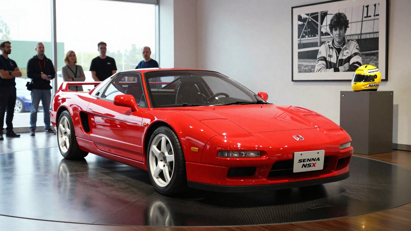 Carro esportivo vermelho Honda NSX em exposição, com capacete amarelo e foto de Ayrton Senna ao fundo.