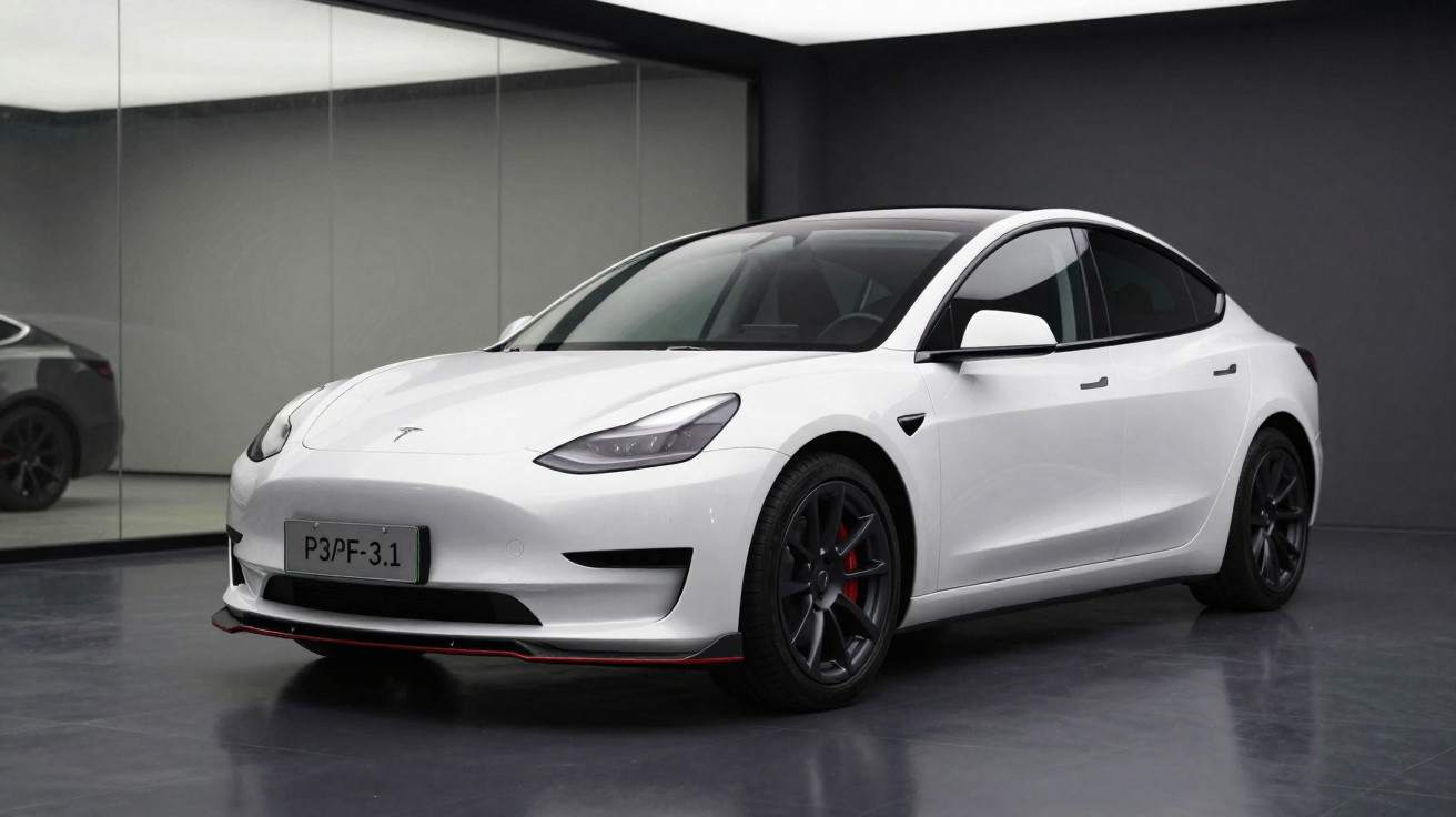 Carro elétrico Tesla Model 3 branco estacionado em ambiente interno com piso cinza refletivo.