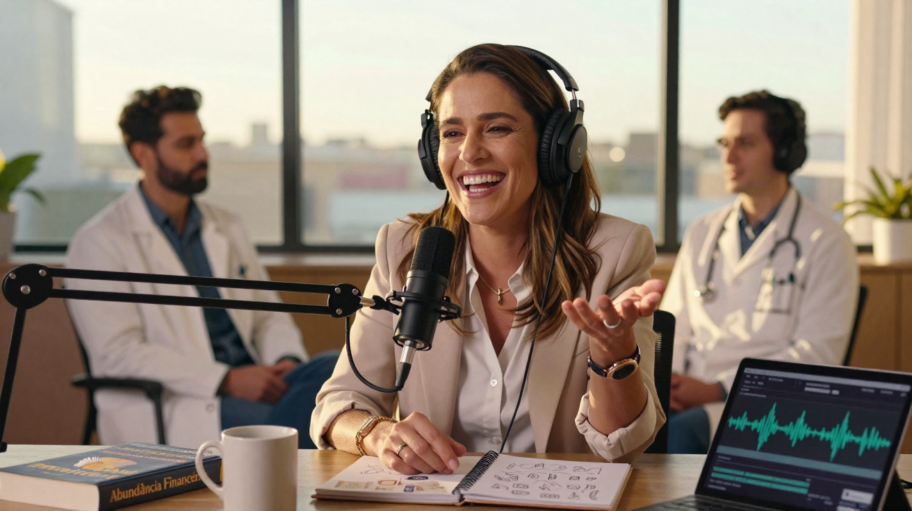 Mulher sorridente com fones grava podcast sobre finanças, com dois médicos ao fundo em ambiente iluminado.