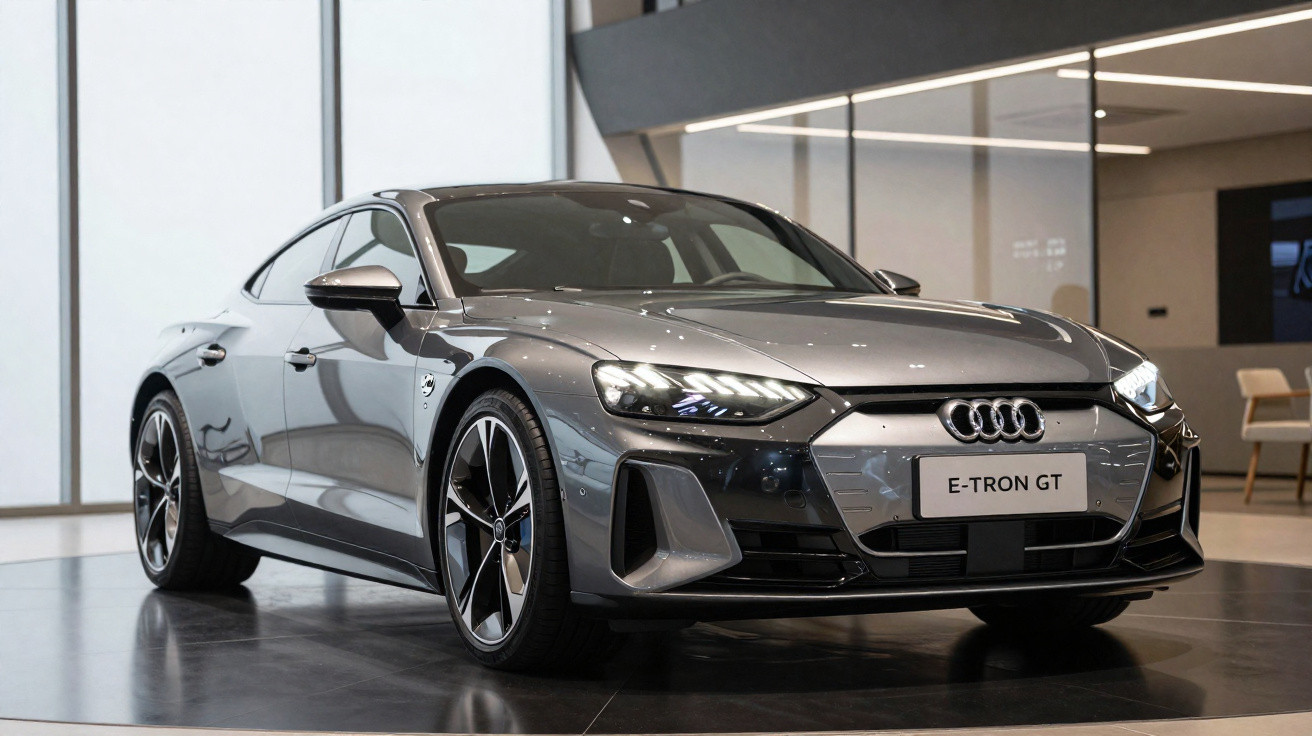 Carro elétrico Audi E-Tron GT cinza em exposição, com design moderno e luzes dianteiras acesas.