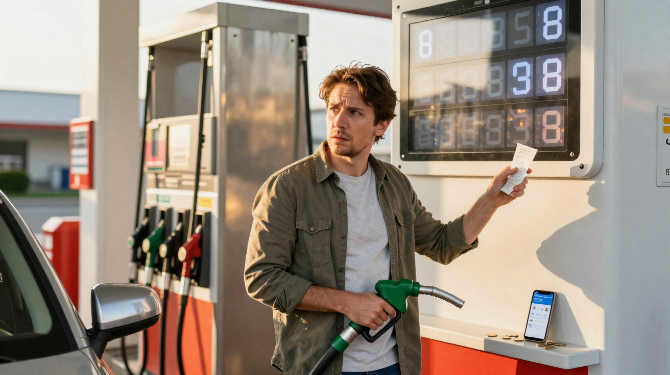 Homem com bomba de combustível na mão lê o comprovante do posto de gasolina ao lado do carro.