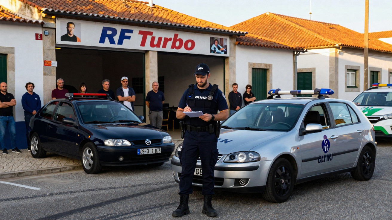 Policial escreve em bloco diante de viaturas e grupo de pessoas em frente a oficina RF Turbo.