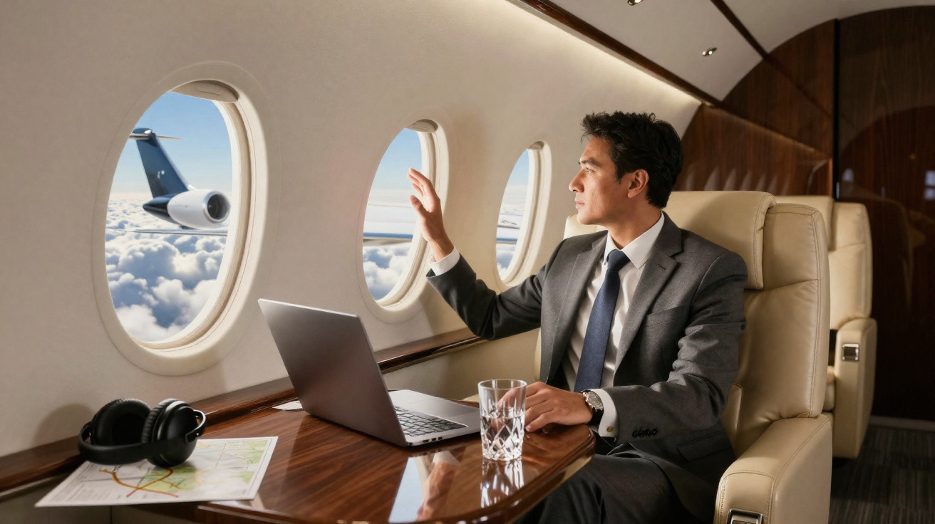 Homem de terno trabalha em laptop e olha pela janela em interior luxuoso de avião particular.