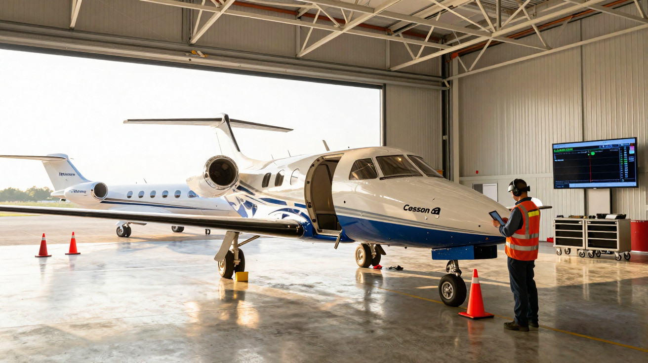 Avião particular branco e azul em hangar com técnico de segurança ao lado conferindo equipamento.