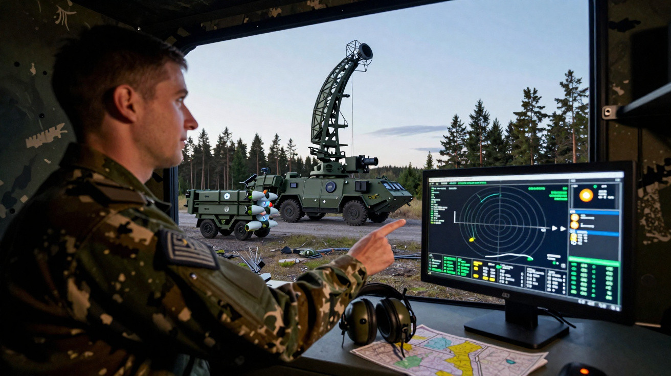 Militar operando radar de defesa aérea em base com veículos militares ao ar livre.