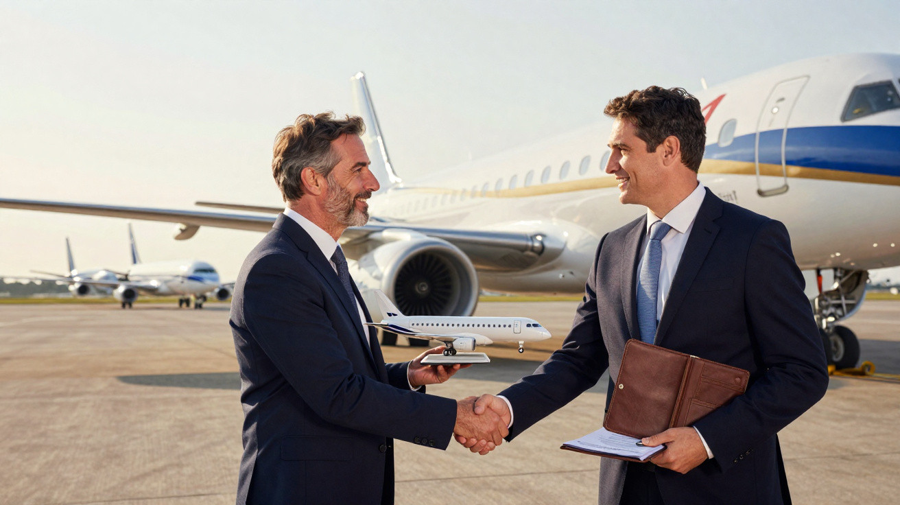 Dois homens de terno apertam as mãos em frente a um avião, um segurando modelo de avião em miniatura.