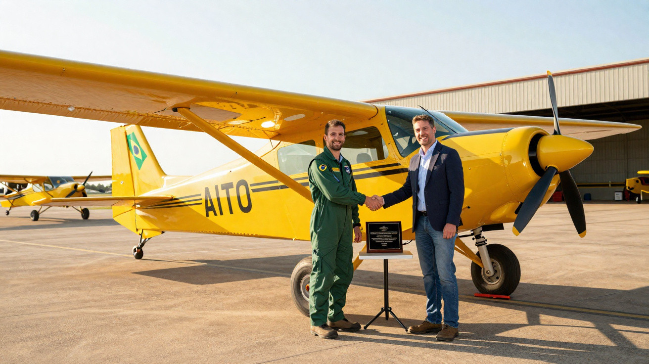 Dois homens apertam as mãos ao lado de avião amarelo em pista de aeroporto, com placa entre eles.