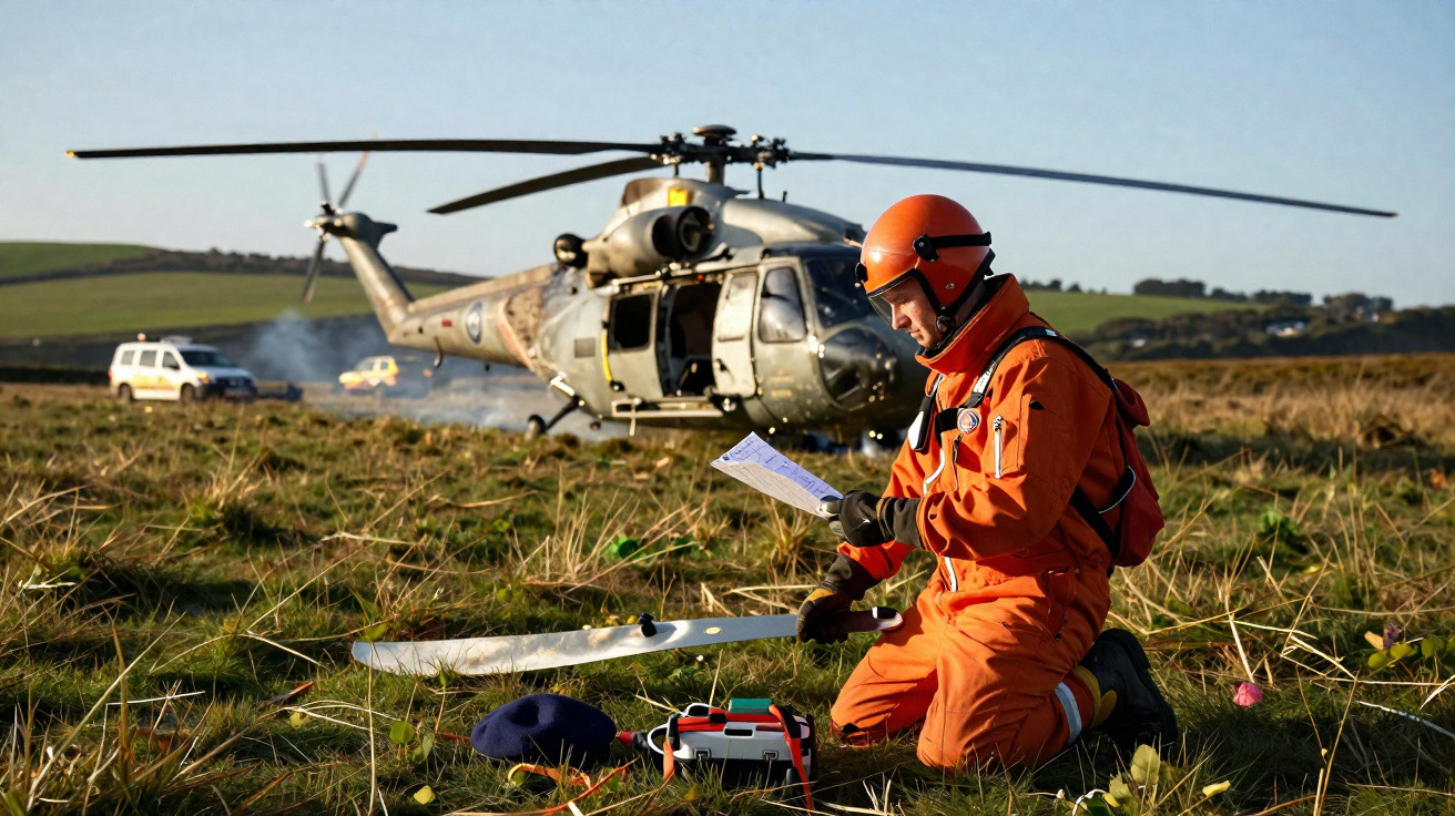 Homem com roupa laranja e capacete verifica equipamento em campo com helicóptero militar ao fundo.