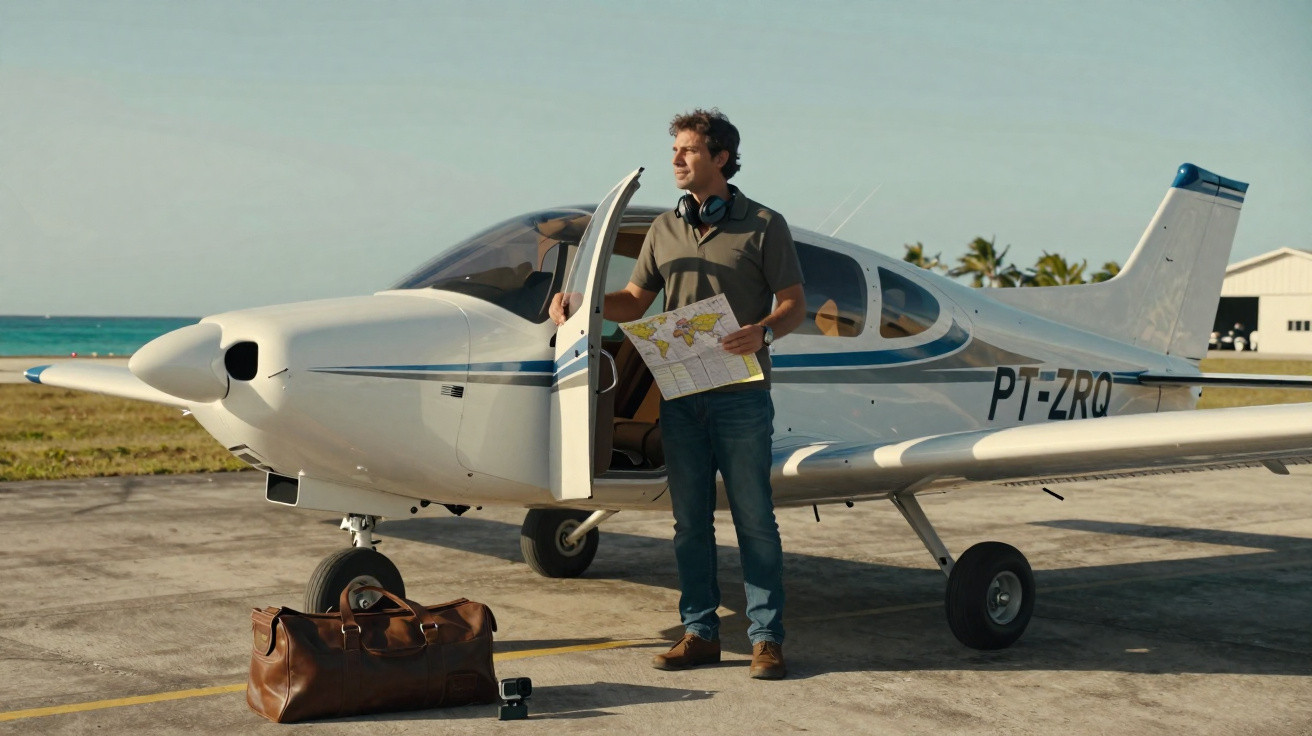 Homem com mapa na mão ao lado da porta aberta de um avião pequeno no aeroporto.