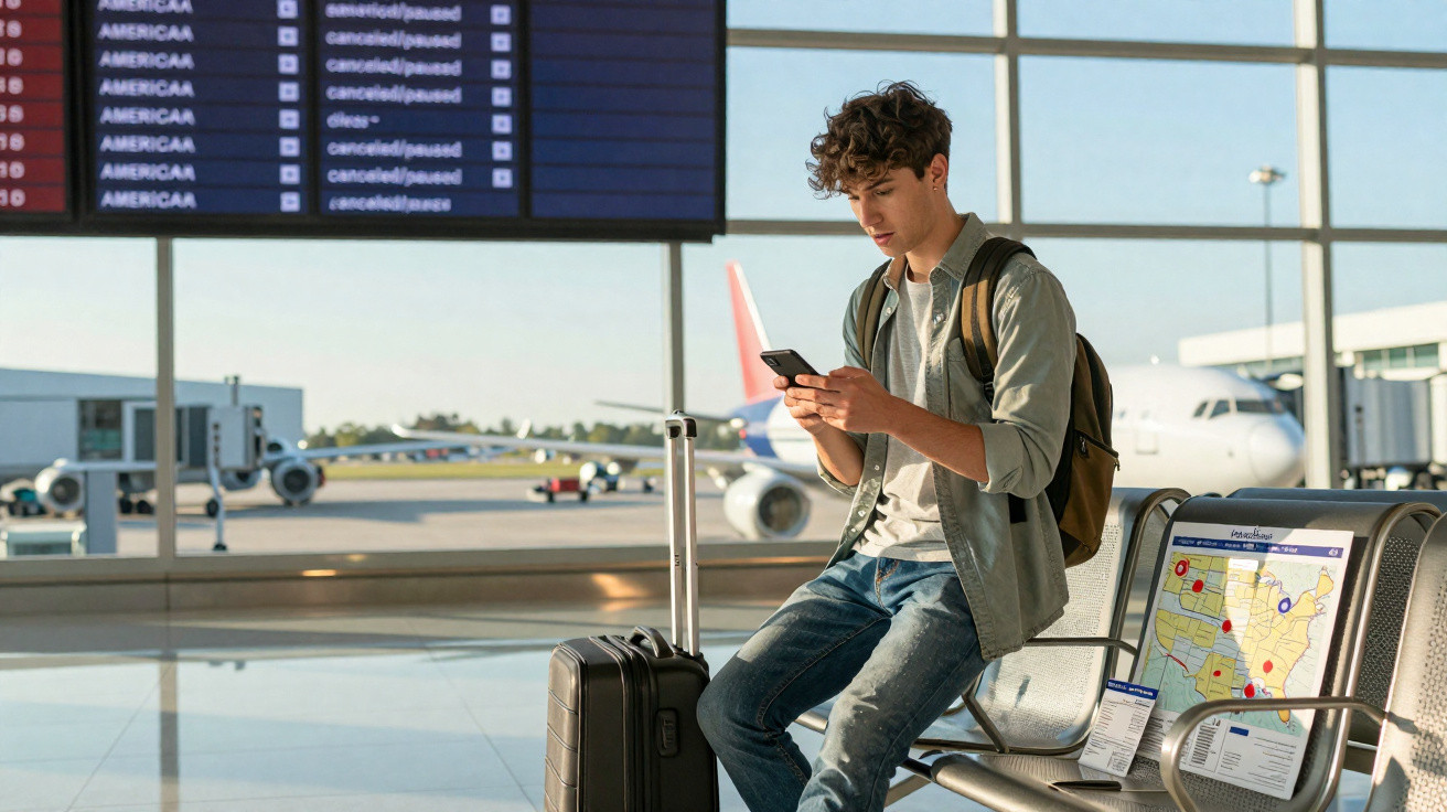 Jovem sentado no aeroporto com mochila e mala, olhando o celular, ao lado de mapa e painel de voos cancelados.