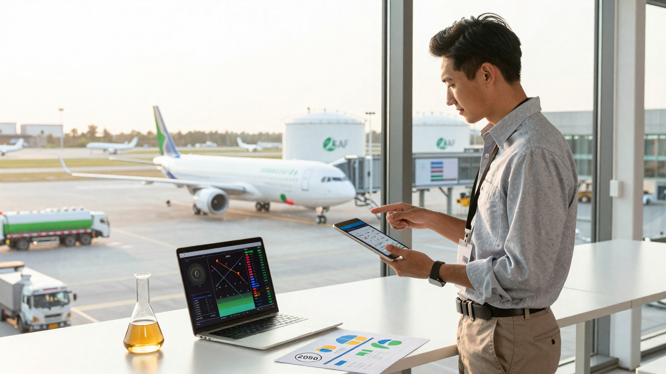 Homem analisando dados em tablet e laptop com avião e pista visíveis ao fundo na área de trabalho.