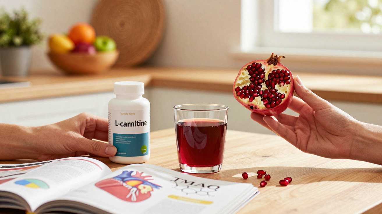 Mãos segurando suplemento L-carnitina e romã com copo de suco e livro aberto numa mesa de cozinha.