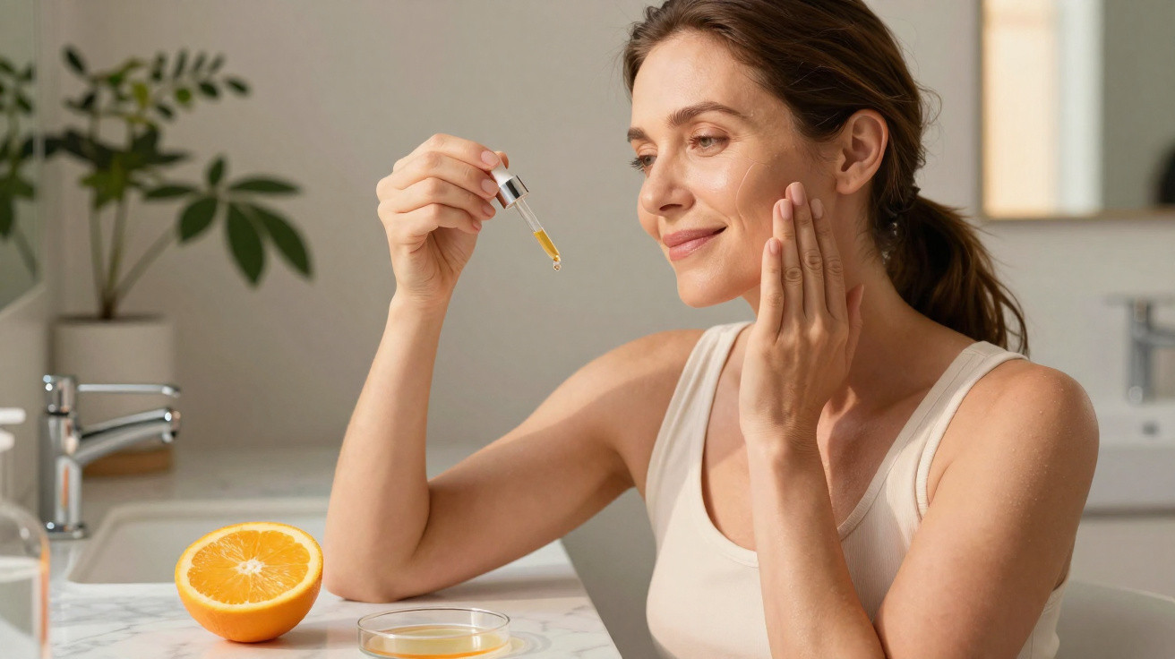 Mulher aplicando sérum facial com conta-gotas em ambiente claro, com laranja e planta ao fundo.