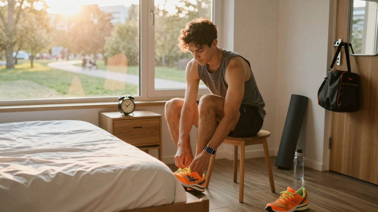 Jovem vestindo roupa esportiva amarrando tênis laranja perto da cama em quarto com janela grande.