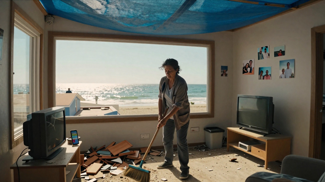 Mulher varrendo destroços em sala com vista para praia e mar através de janela grande.