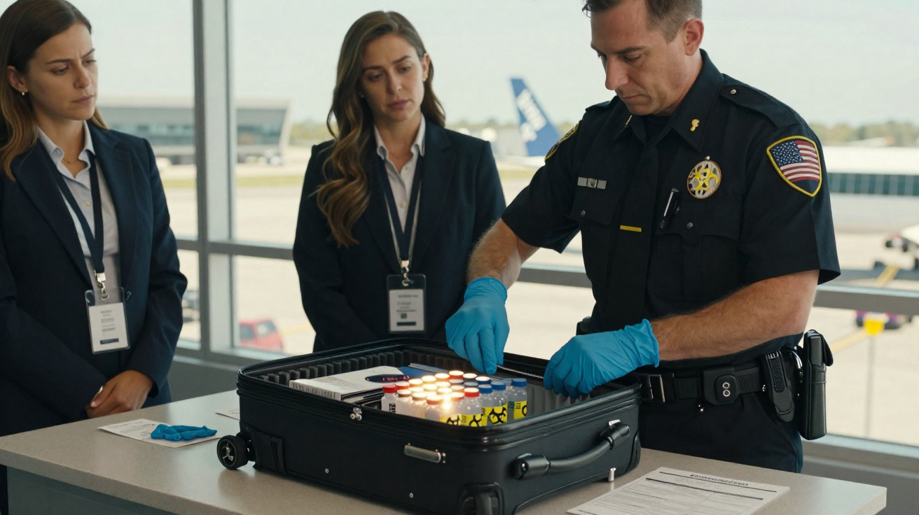 Agente de segurança inspeciona maleta com frascos em aeroporto, duas mulheres observam.