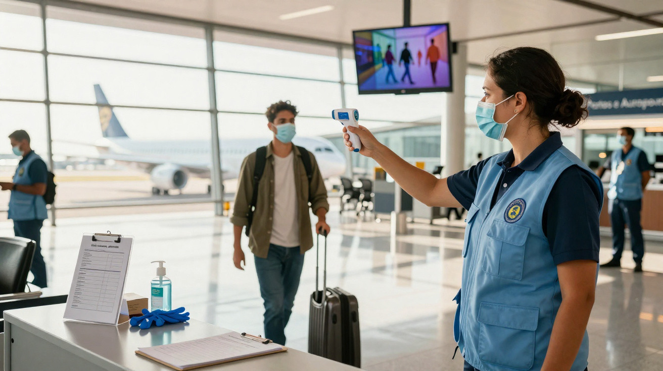 Funcionária de aeroporto mede temperatura de passageiro com máscara e mala, com avião ao fundo.
