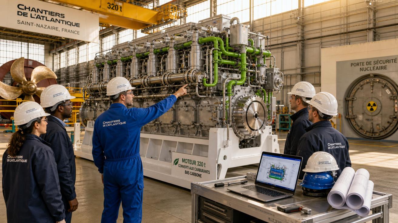 Engenheiros com capacetes observando e discutindo um grande motor industrial em fábrica na França.