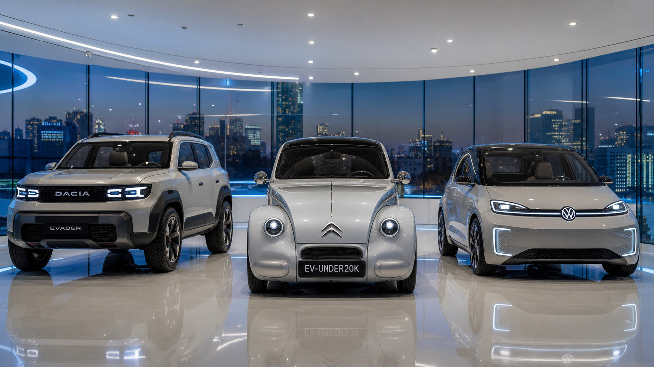 Três carros elétricos modernos e um clássico exibidos em uma sala com vista panorâmica da cidade à noite.