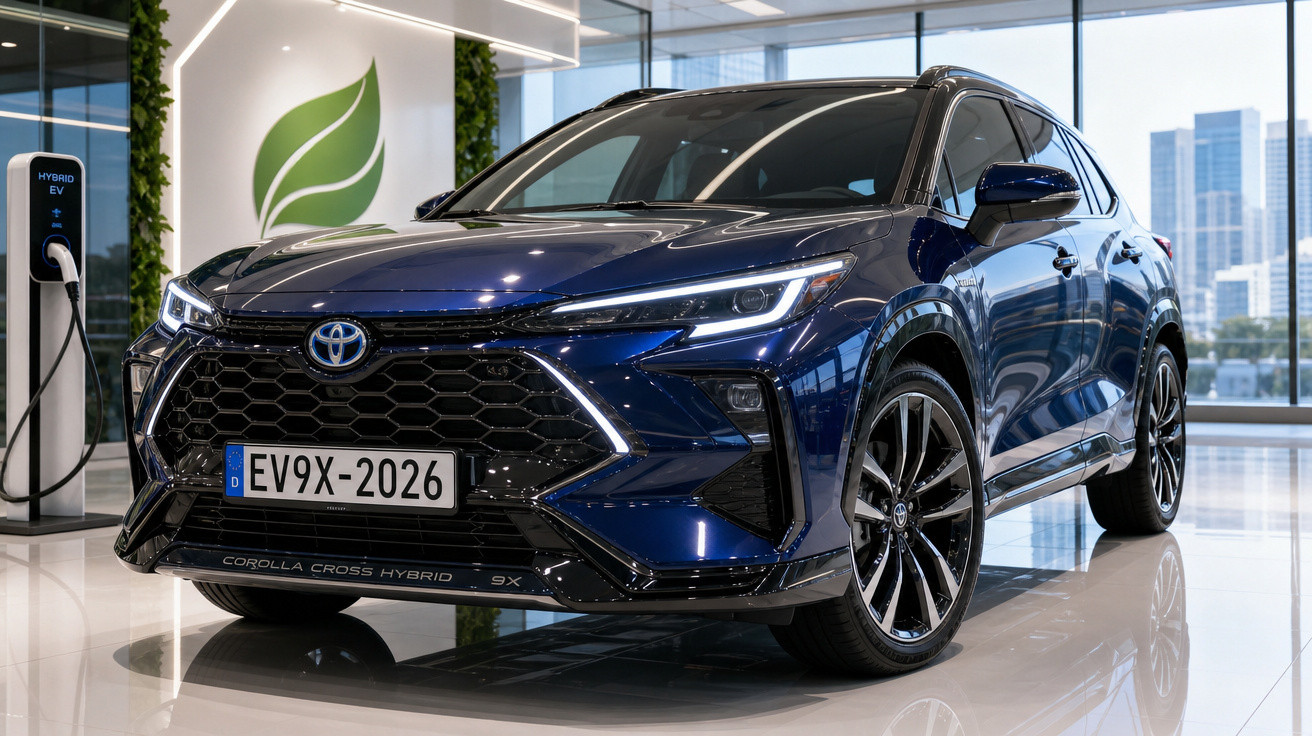 Carro SUV híbrido Toyota Corolla Cross azul escuro em showroom com estação de recarga elétrica ao lado.