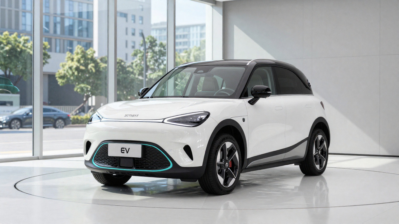 Carro elétrico Smart branco com teto preto exibido em showroom moderno.