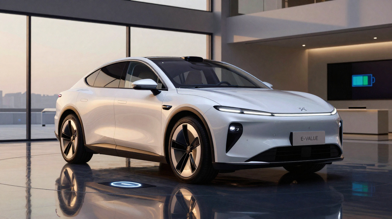 Carro elétrico branco estacionado em ambiente moderno com grandes janelas e piso refletivo.