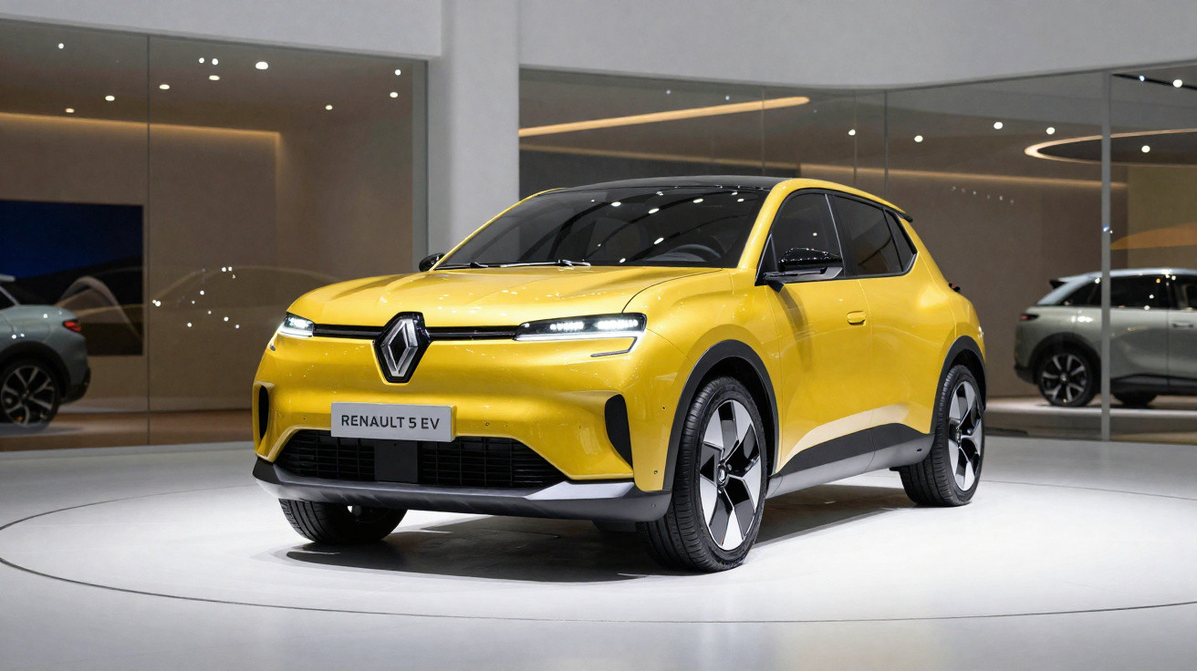 Carro elétrico Renault 5 EV amarelo exibido em estande moderno com luzes refletindo nos vidros.