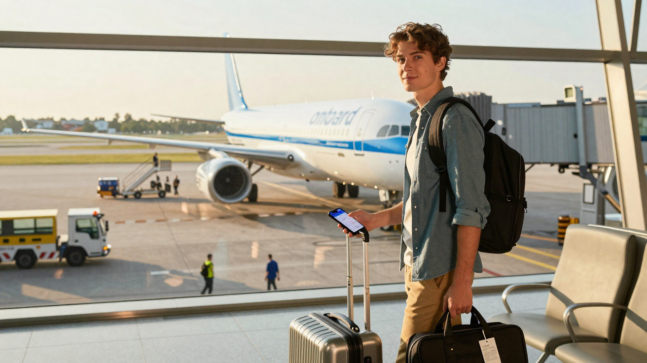 Homem jovem com mochila e malas olha para a câmera, esperando no aeroporto com avião ao fundo.