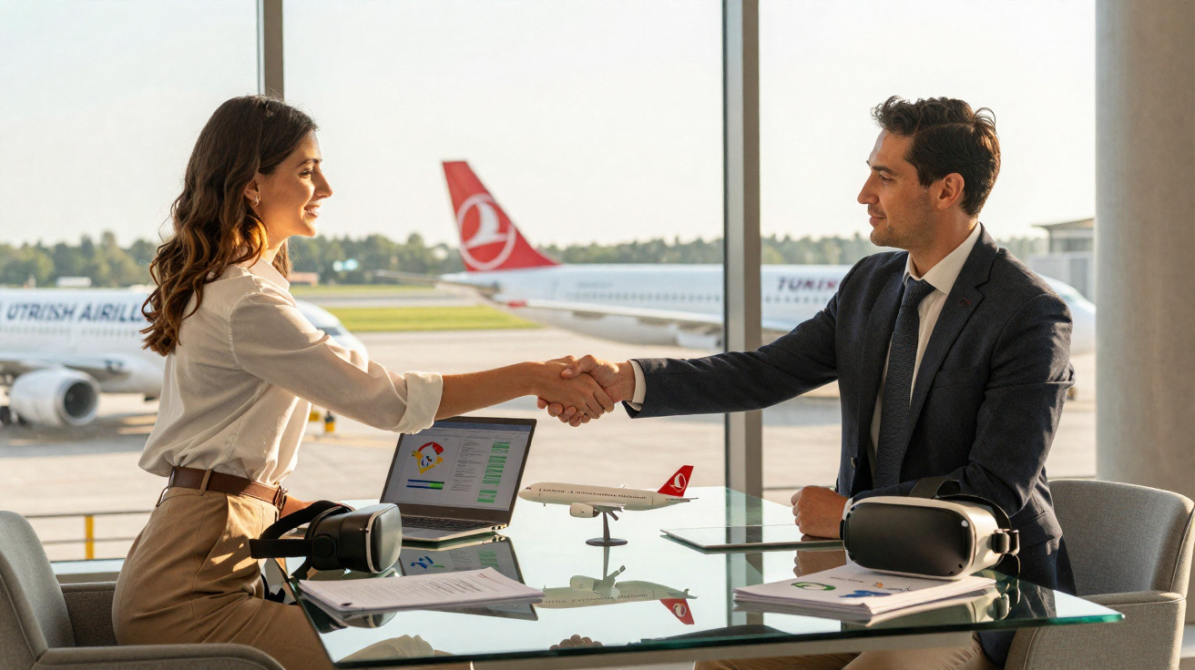 Duas pessoas apertando as mãos em escritório com modelos de avião, laptop e óculos de realidade virtual na mesa, aeroporto ao